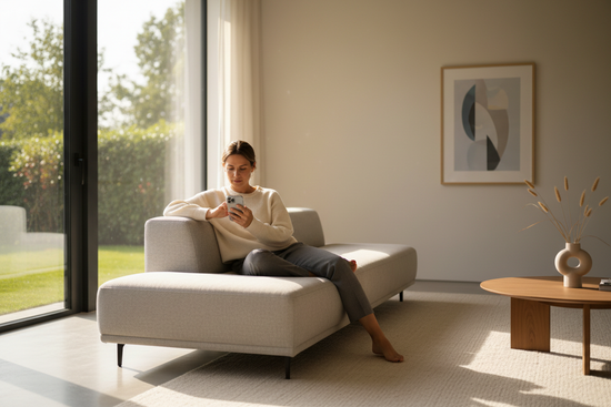 A hyper-realistic cinematic video of a person using a modern smartphone inside a bright, well-lit home. The scene takes place in a contemporary, minimalist house with large windows allowing natural daylight to fill the room. The person is casually seated on a sofa, holding the smartphone naturally, scrolling and interacting with the screen.